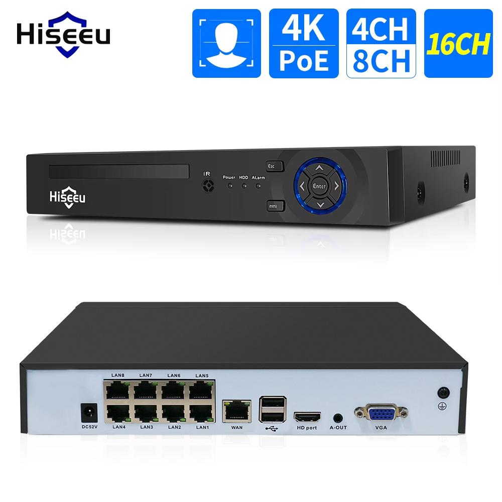 Webcam 4K - Hiseeu-監視カメラシステムキット,4ch,10ch,16ch,4k,8mp,5mp,poe,cctv,h.265 cctv,nvr,ビデオ録画onvif
